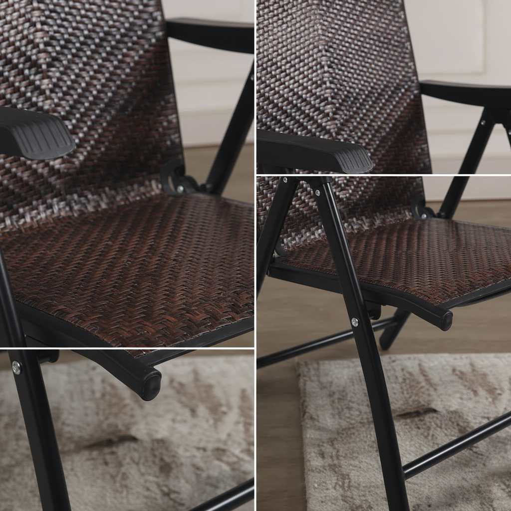 Outdoor dark brown rattan folding chair with five-position backrest and powder-coated steel frame.
