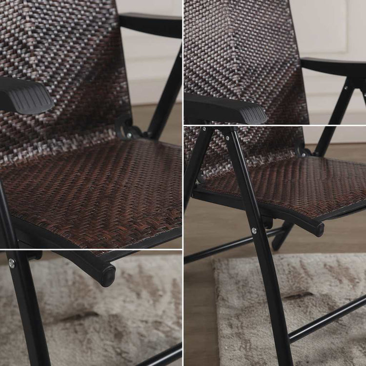 Outdoor dark brown rattan folding chair with five-position backrest and powder-coated steel frame.