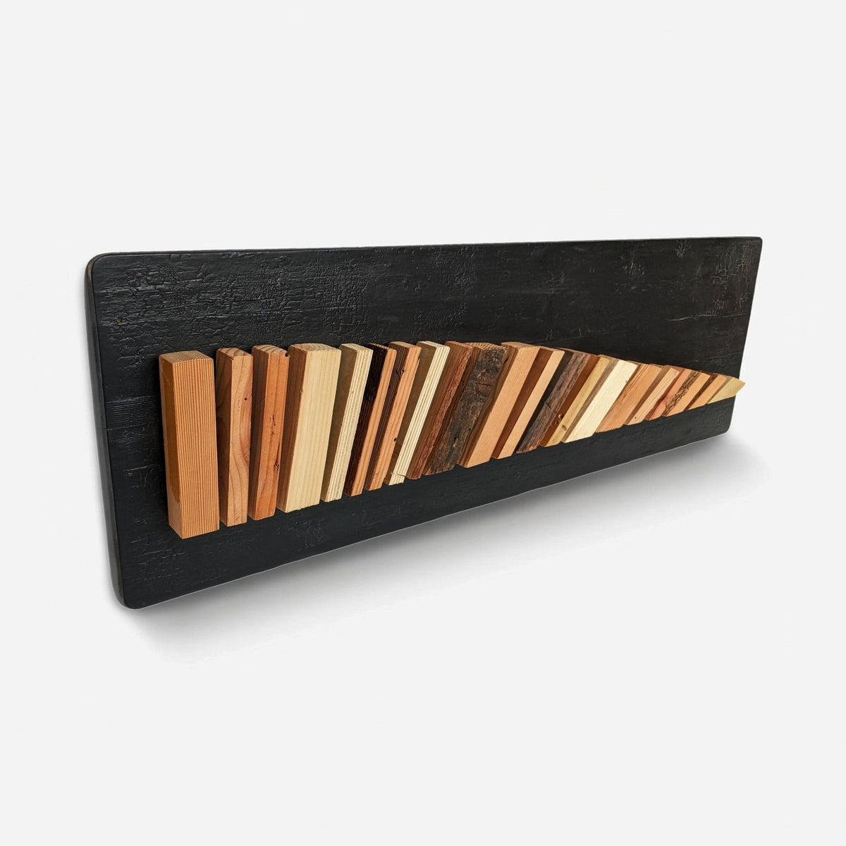 Flowing wood wall art panel, angled view