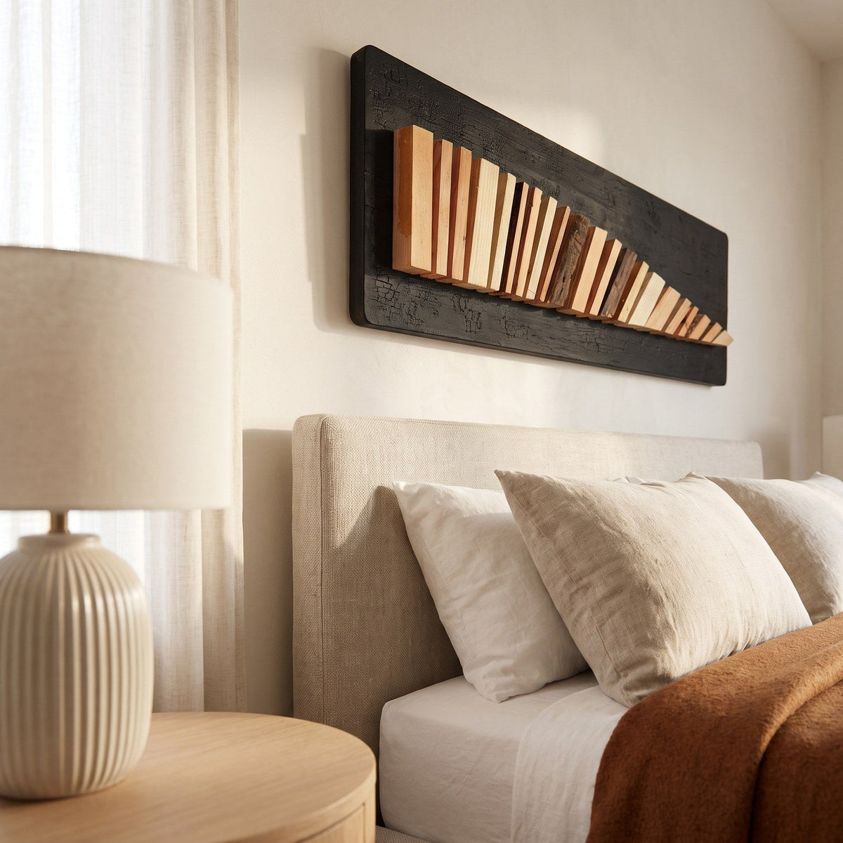 Wood wall sculpture seen close from the window side of a bedroom