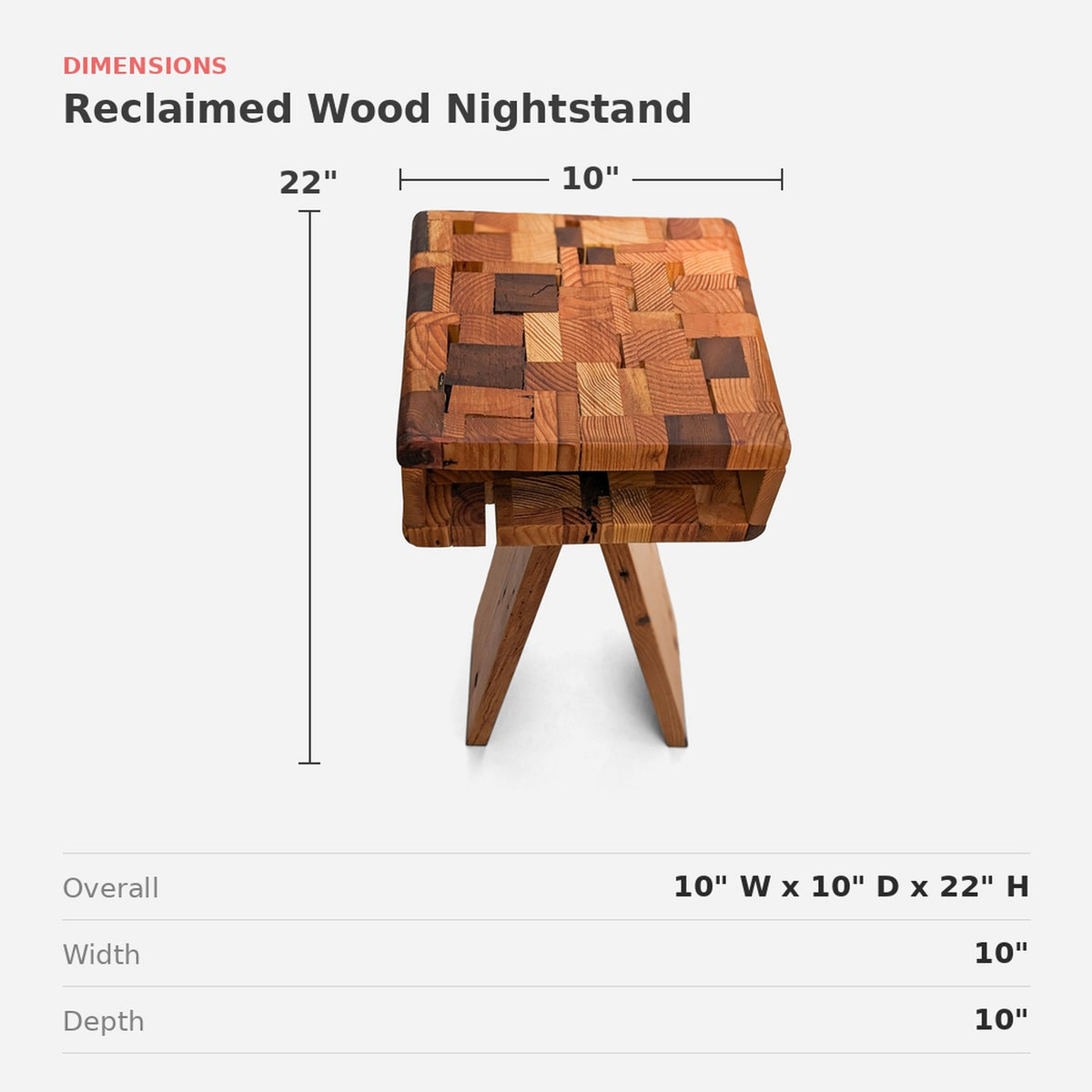 Dimensions card: 10 inches wide, 10 inches deep, 22 inches high
