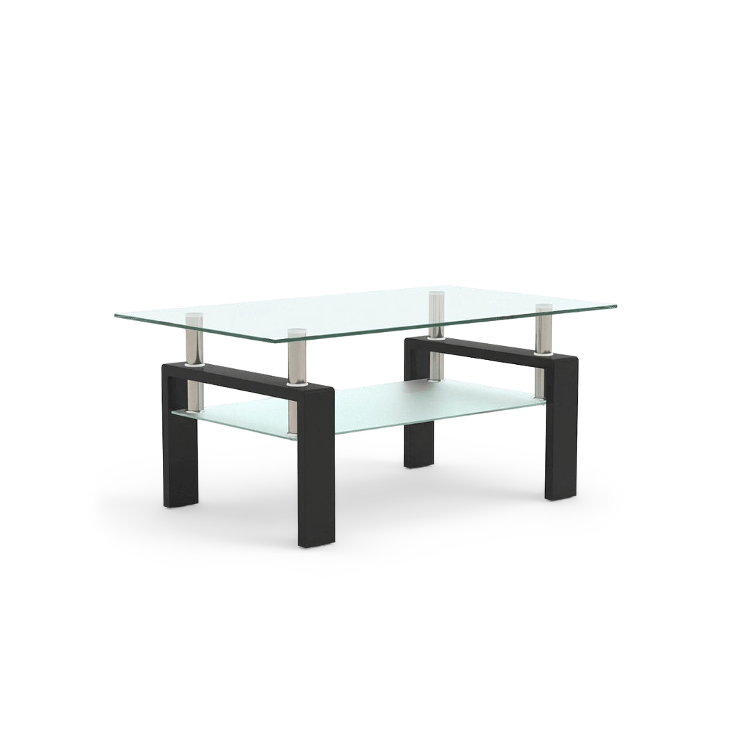Rectangular glass coffee table with shelf in black, three-quarter angle showing the lower glass tier
