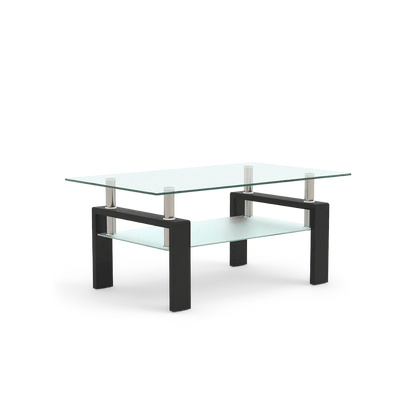 Rectangular glass coffee table with shelf in black, three-quarter angle showing the lower glass tier