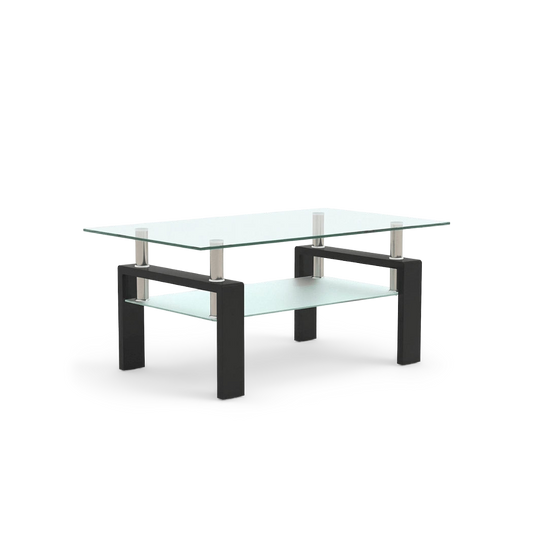 Rectangular glass coffee table with shelf in black, three-quarter angle showing the lower glass tier