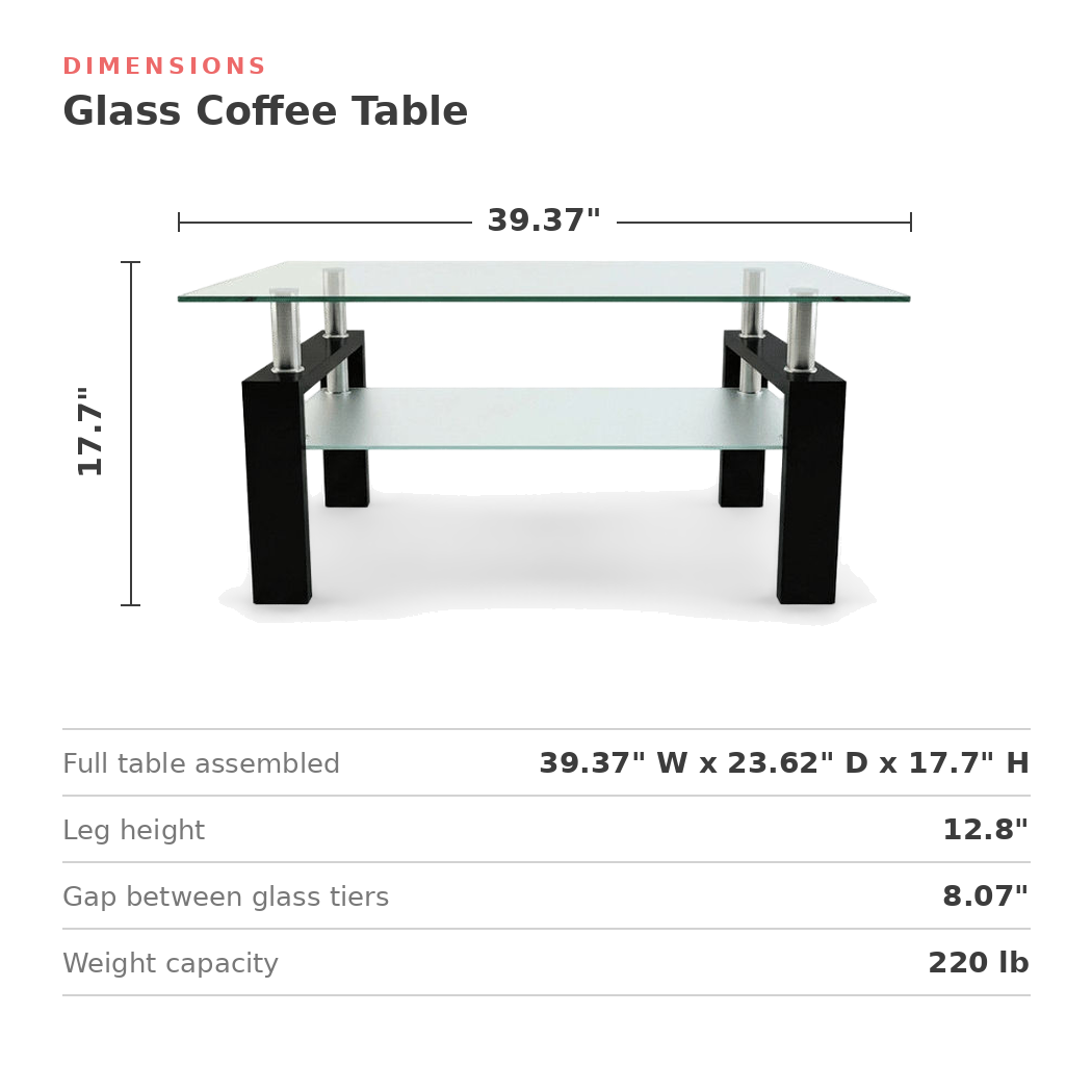 Dimensions of the rectangular glass coffee table with shelf, width, depth and height in inches