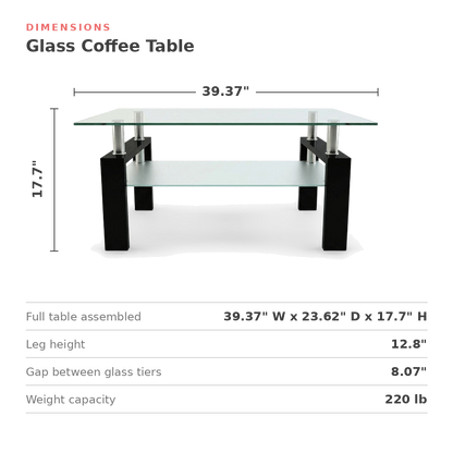 Dimensions of the rectangular glass coffee table with shelf, width, depth and height in inches