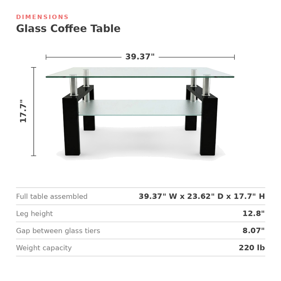 Dimensions of the rectangular glass coffee table with shelf, width, depth and height in inches