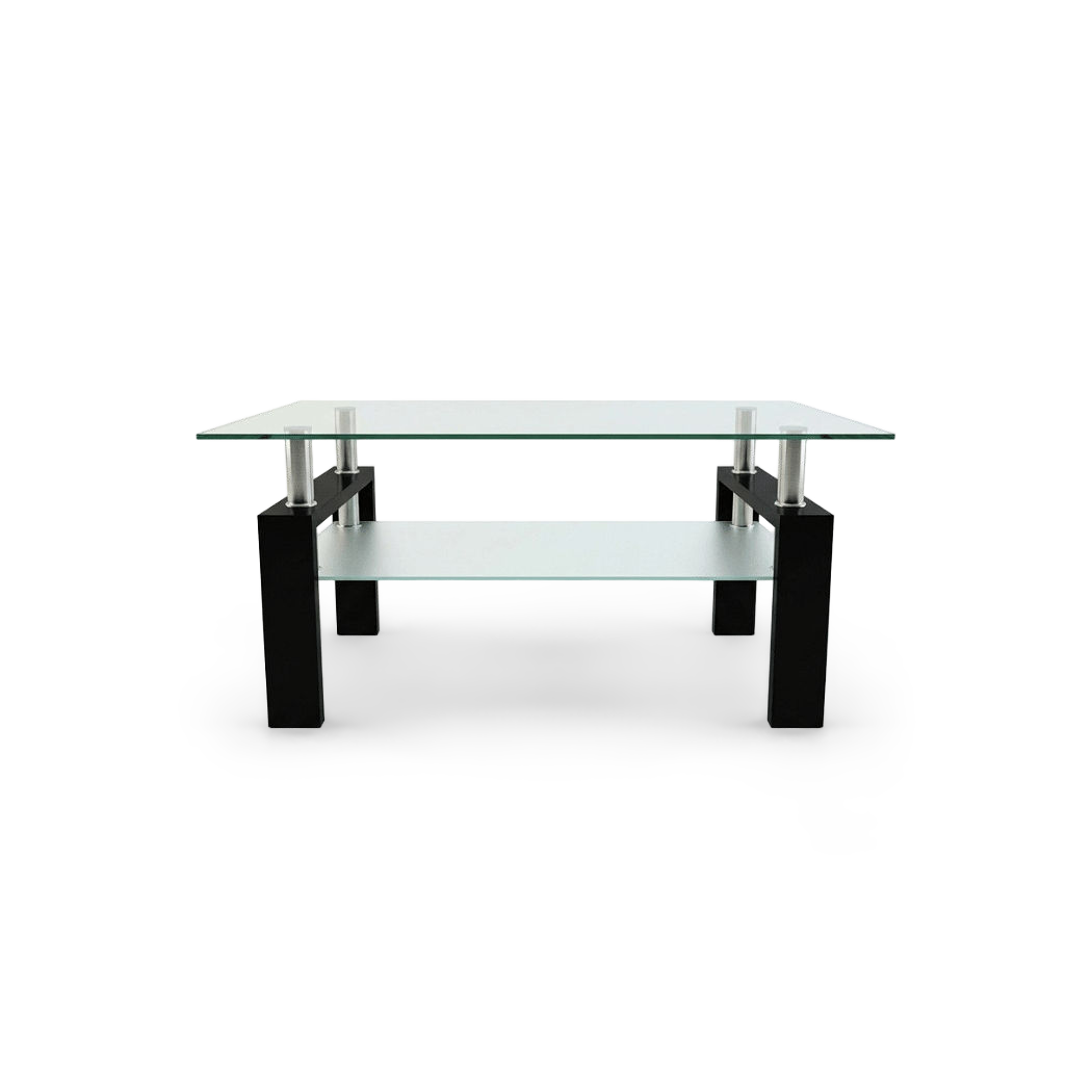 Black rectangular glass coffee table with shelf, two glass tiers on a black metal frame, front view