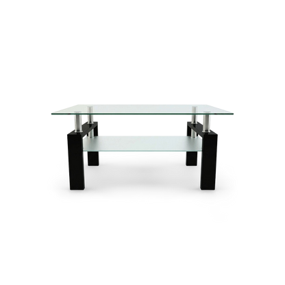 Black rectangular glass coffee table with shelf, two glass tiers on a black metal frame, front view
