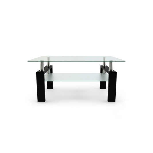 Black rectangular glass coffee table with shelf, two glass tiers on a black metal frame, front view