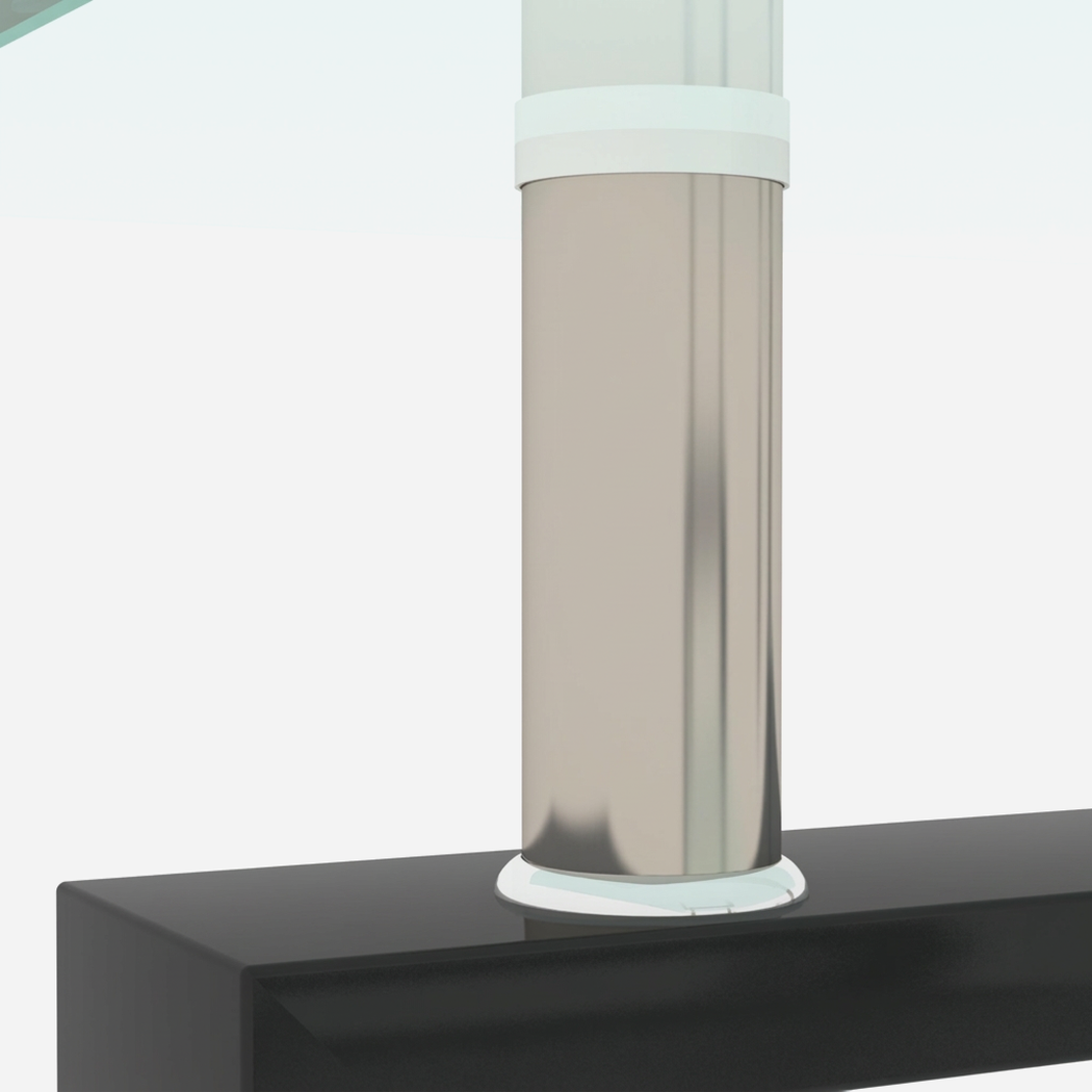 Close-up of the black metal corner post on the glass coffee table with shelf, showing where the tiers seat