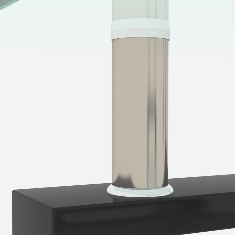 Close-up of the black metal corner post on the glass coffee table with shelf, showing where the tiers seat