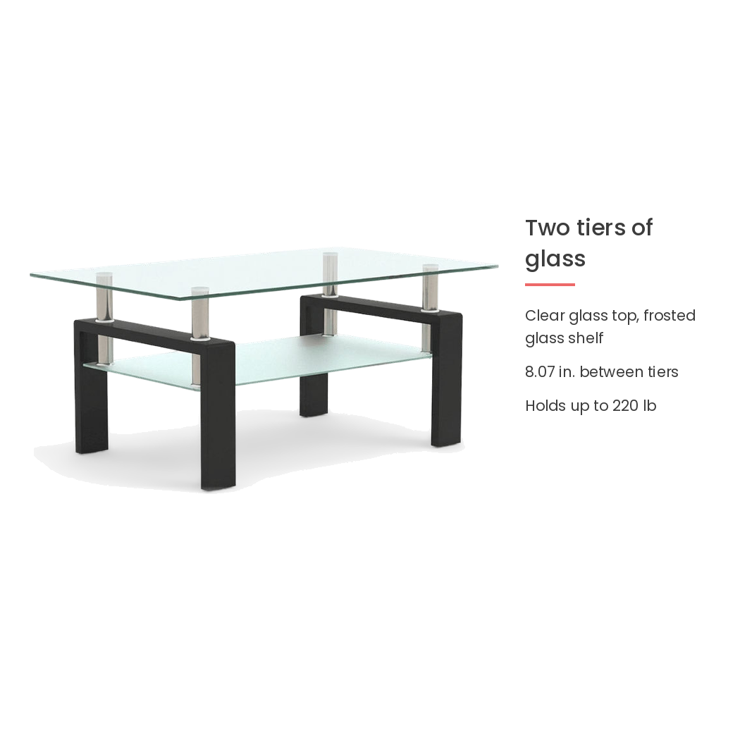 Two glass tiers of the black coffee table with shelf, upper tabletop and lower shelf shown