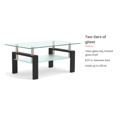 Two glass tiers of the black coffee table with shelf, upper tabletop and lower shelf shown