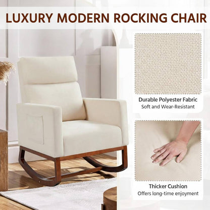 Relaxation-focused Adirondack rocking chair in cream fabric with a side accessory pocket, shown in a serene, sun-drenched interior.
