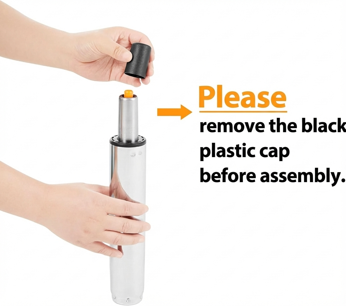 remove a black plastic cap from a metal cylinder during assembly instructions.