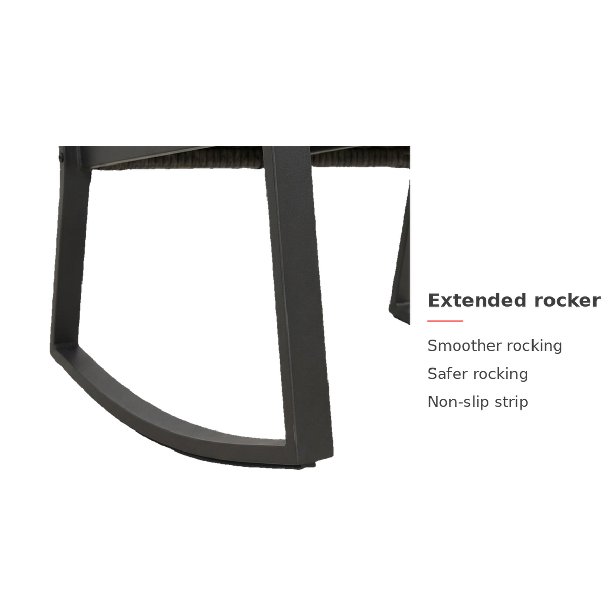Rocker runner detail with the text Extended rocker, smoother rocking, safer rocking, non-slip strip (feature callout)