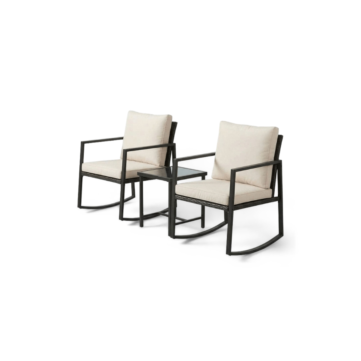 Two black rocking chairs with cream cushions and a square glass-top side table, shown at an angle