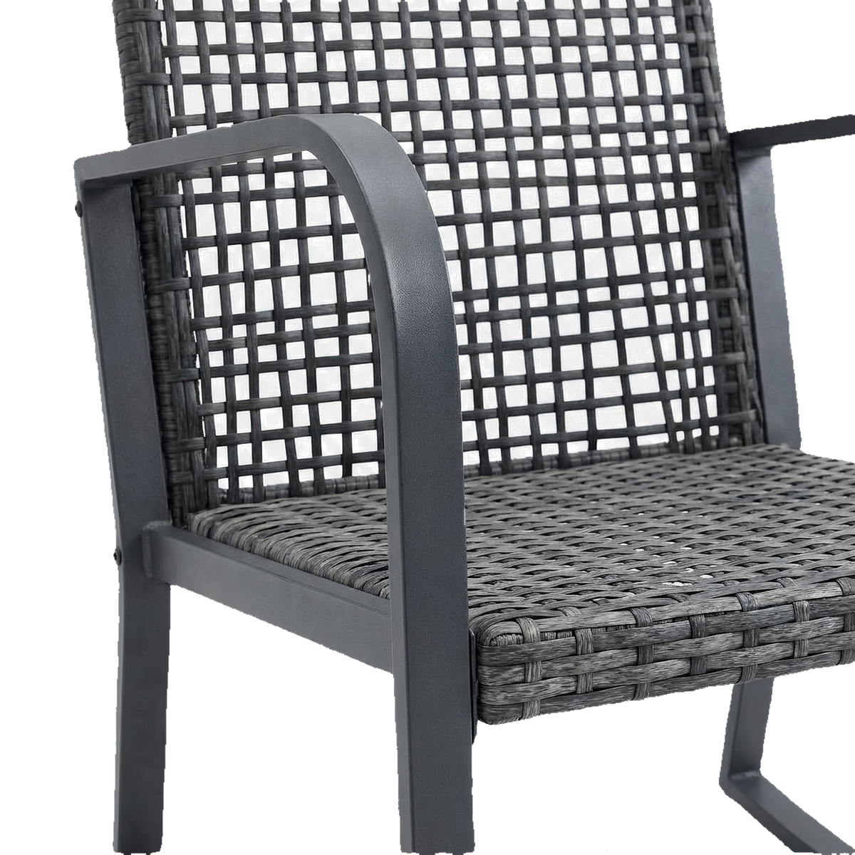 Flat-bar curved steel armrest and open square-grid woven chair back (close-up detail)