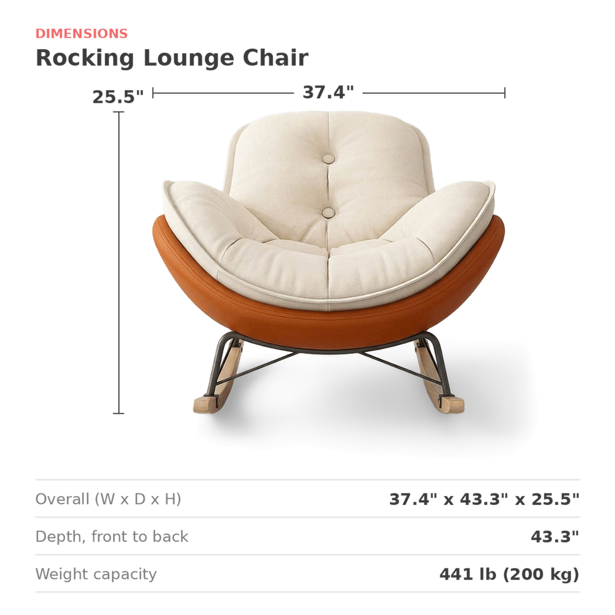Dimensions of the rocking lounge chair: 37.4 in. wide, 43.3 in. deep, 25.5 in. high (dimensions)