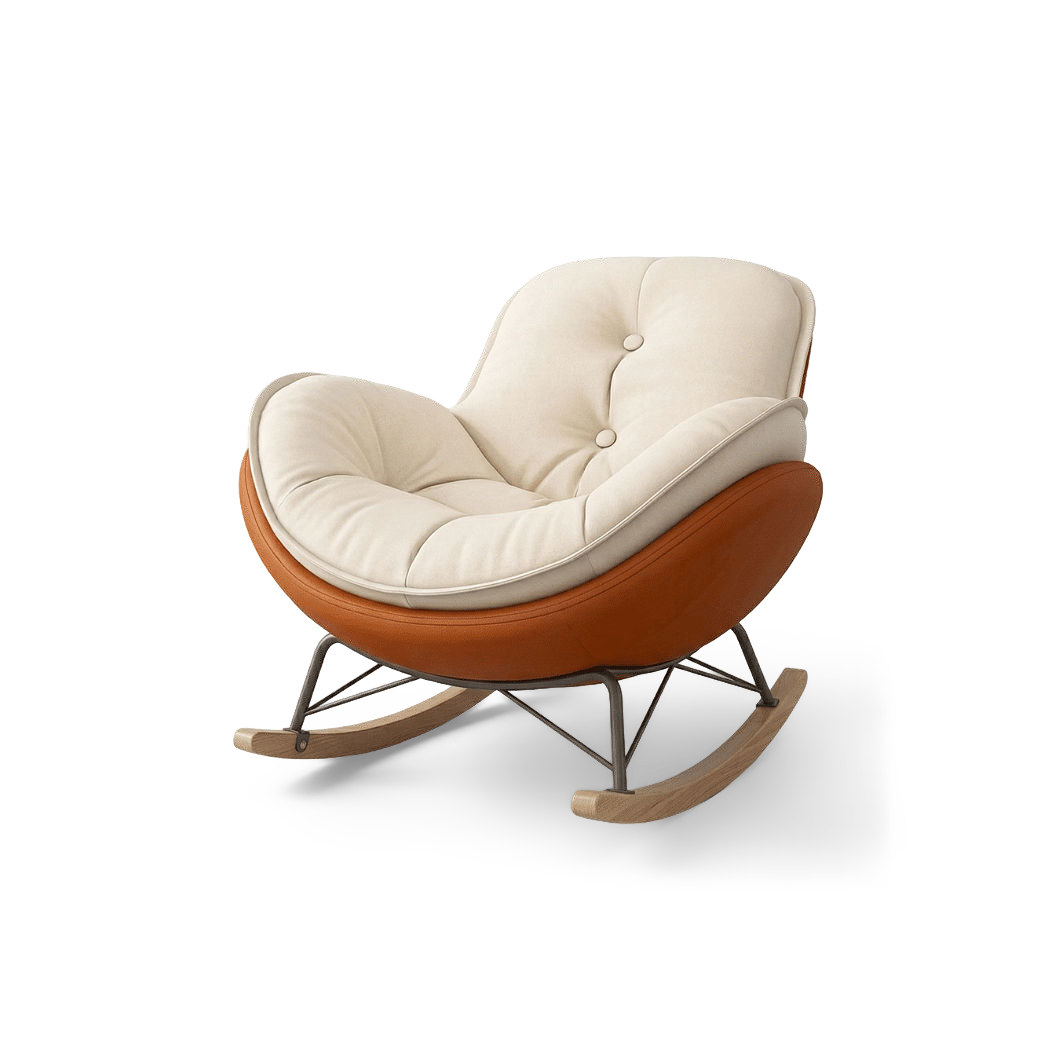 Indoor rocking lounge chair in Hermes orange, three-quarter view