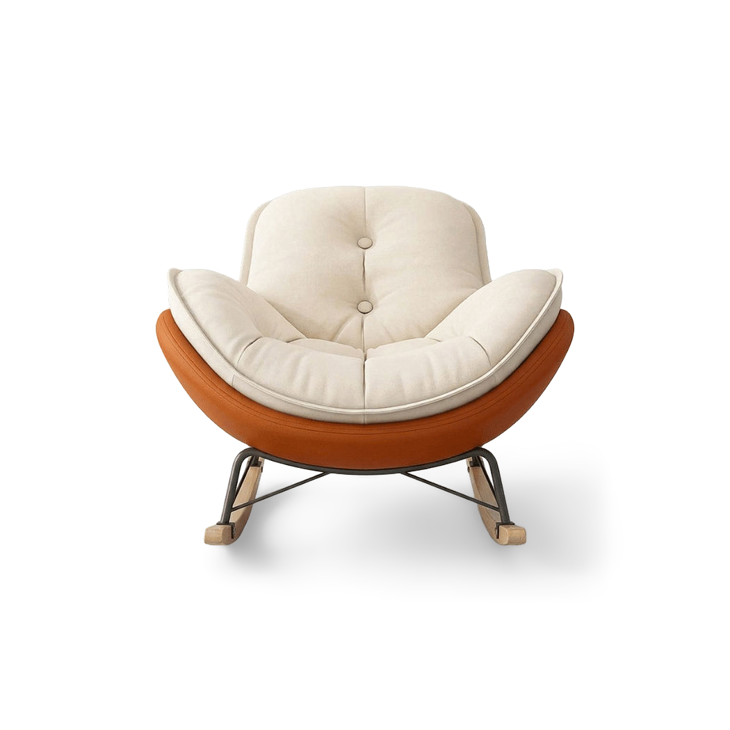 Rocking lounge chair in Hermes orange with a cream suede cushion, front view
