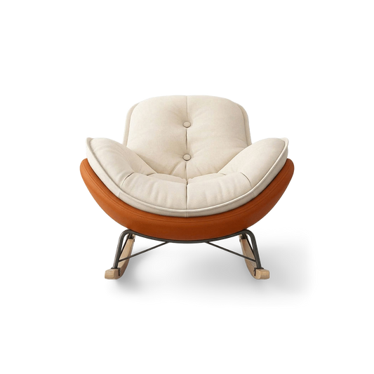Rocking lounge chair in Hermes orange with a cream suede cushion, front view