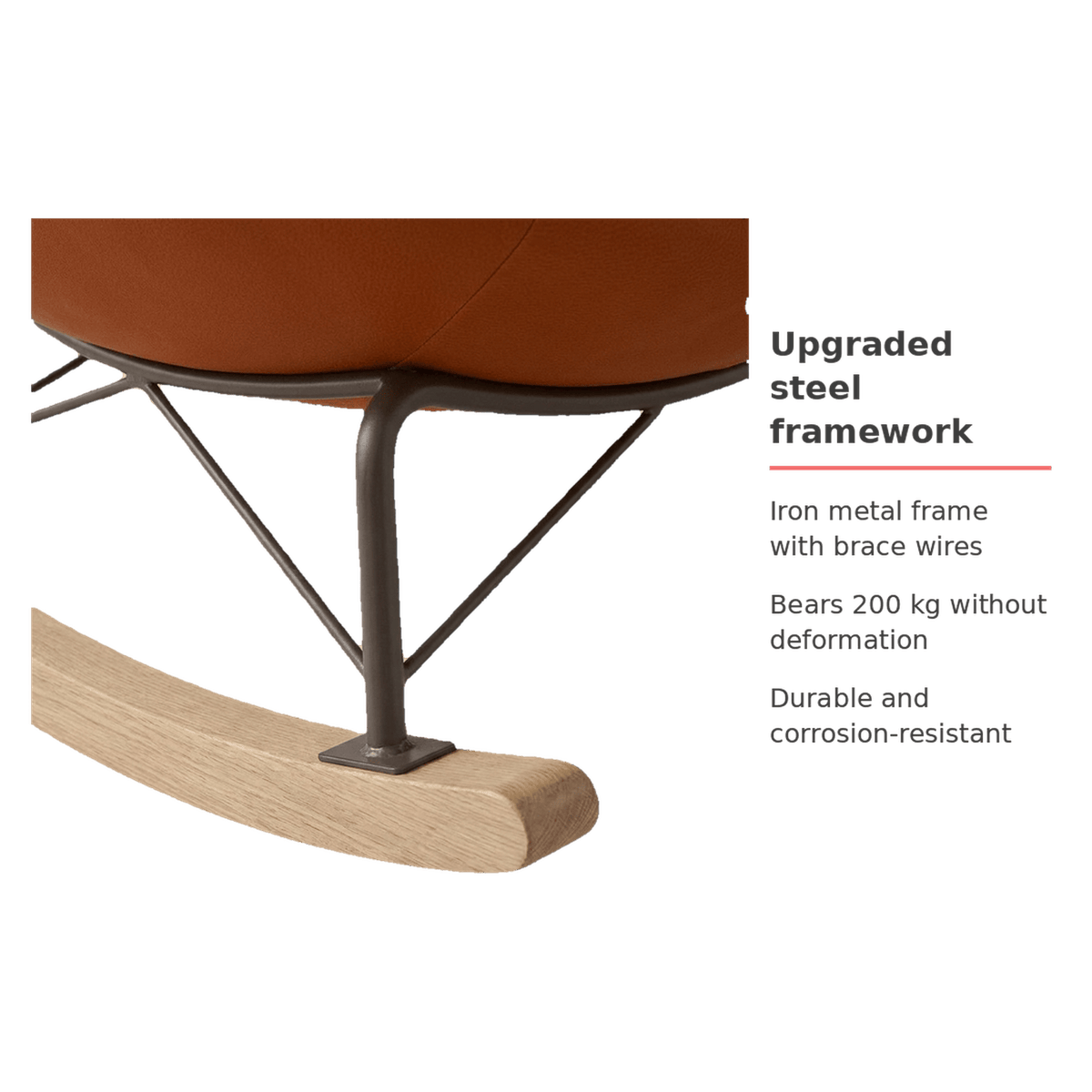 Iron metal frame with brace wires that bears 200 kg without deformation (feature callout)