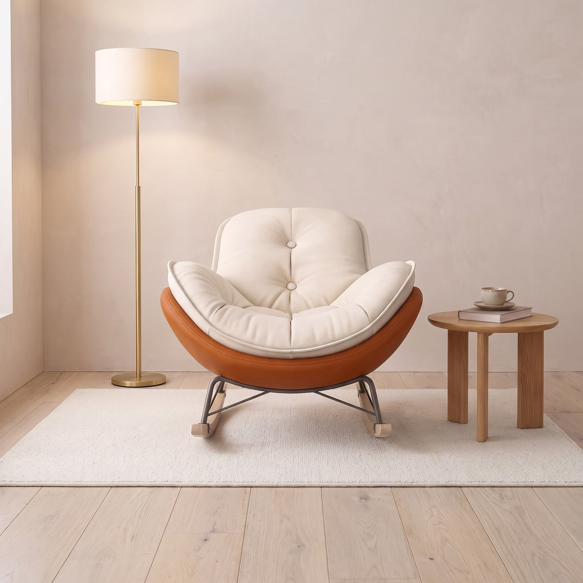 Rocking lounge chair in a living room reading corner, wide view