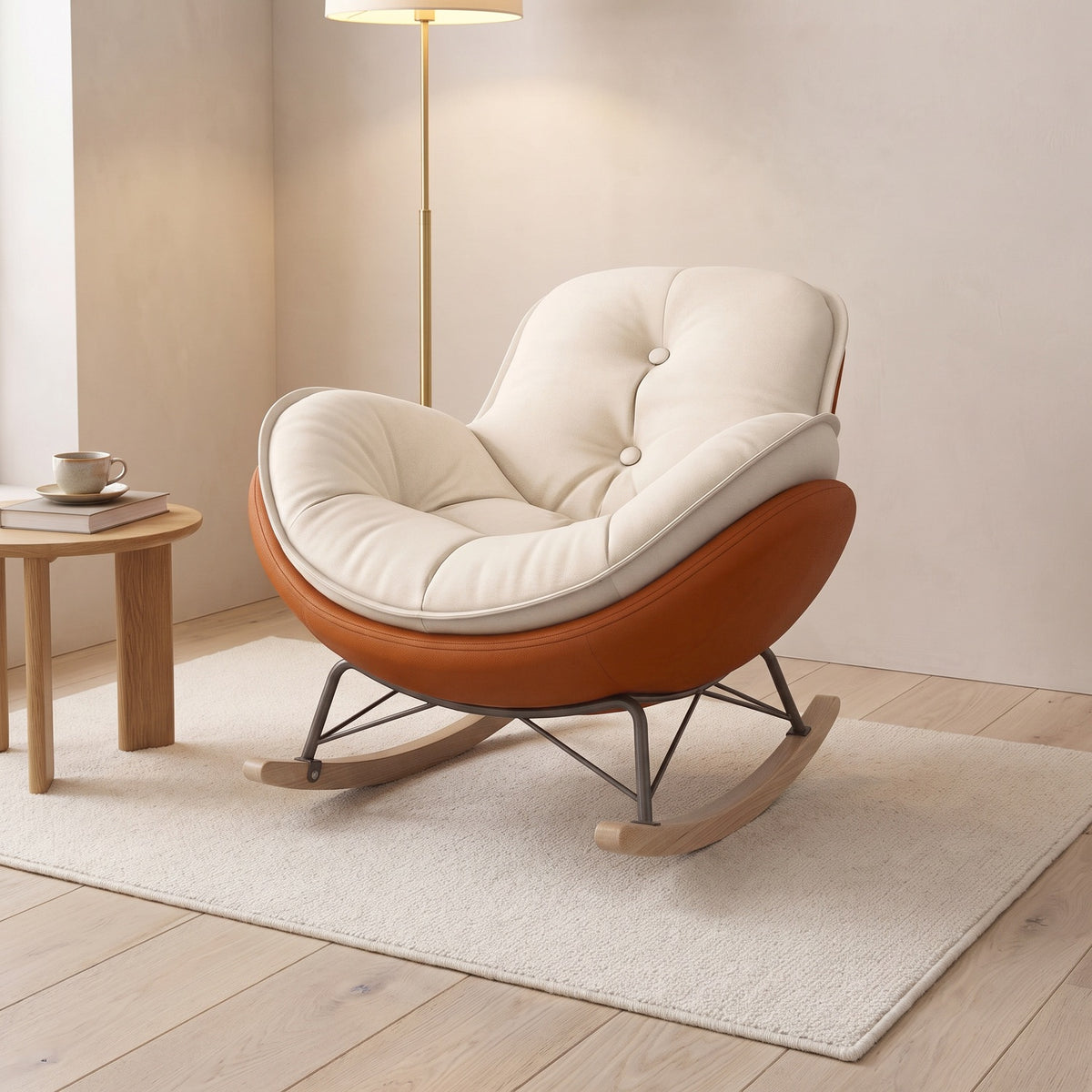 Rocking lounge chair with a suede cushion in a bright reading corner