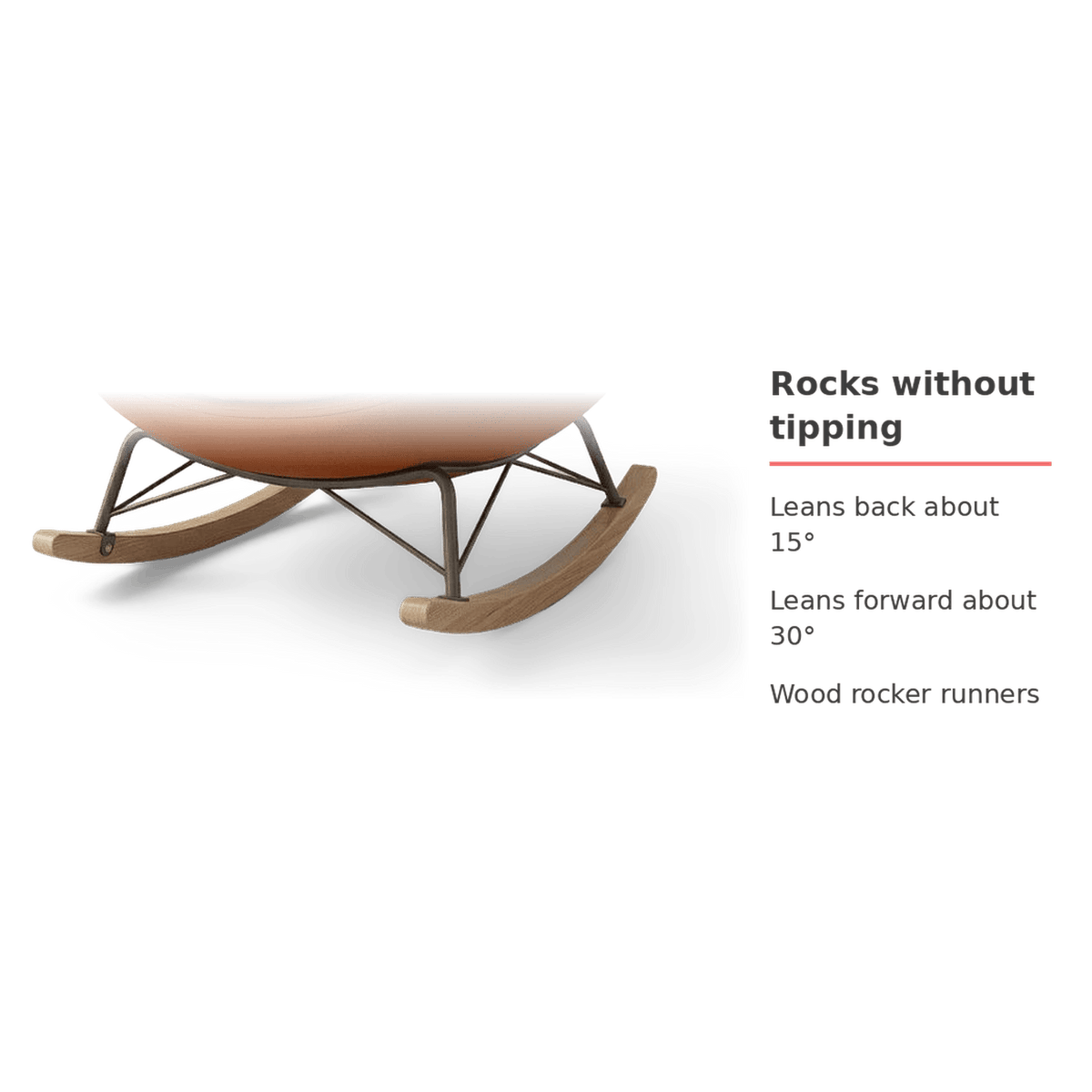 Wood rocker runners that lean back about 15 degrees and forward about 30 degrees (feature callout)