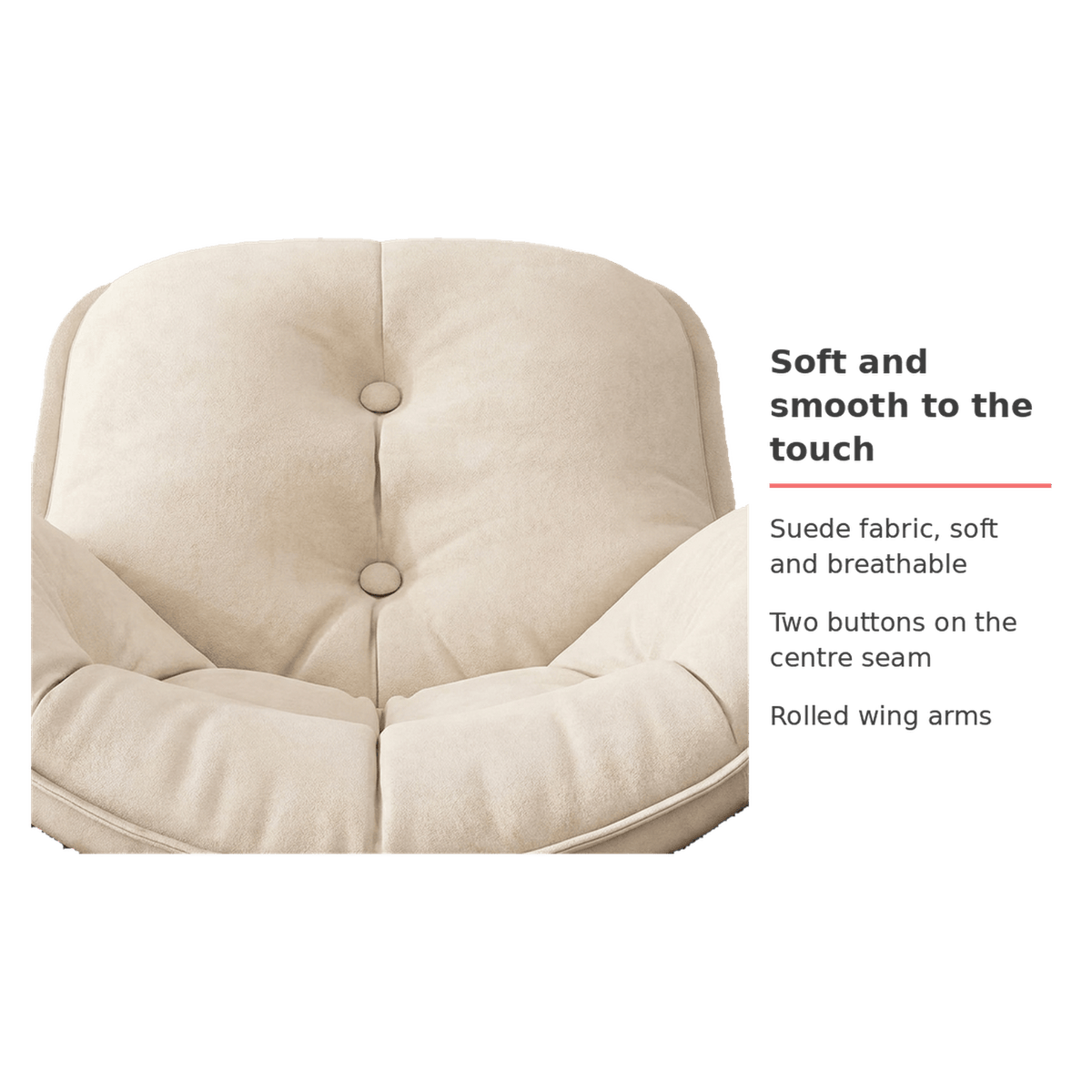 Soft breathable suede cushion with two buttons and rolled wing arms (feature callout)