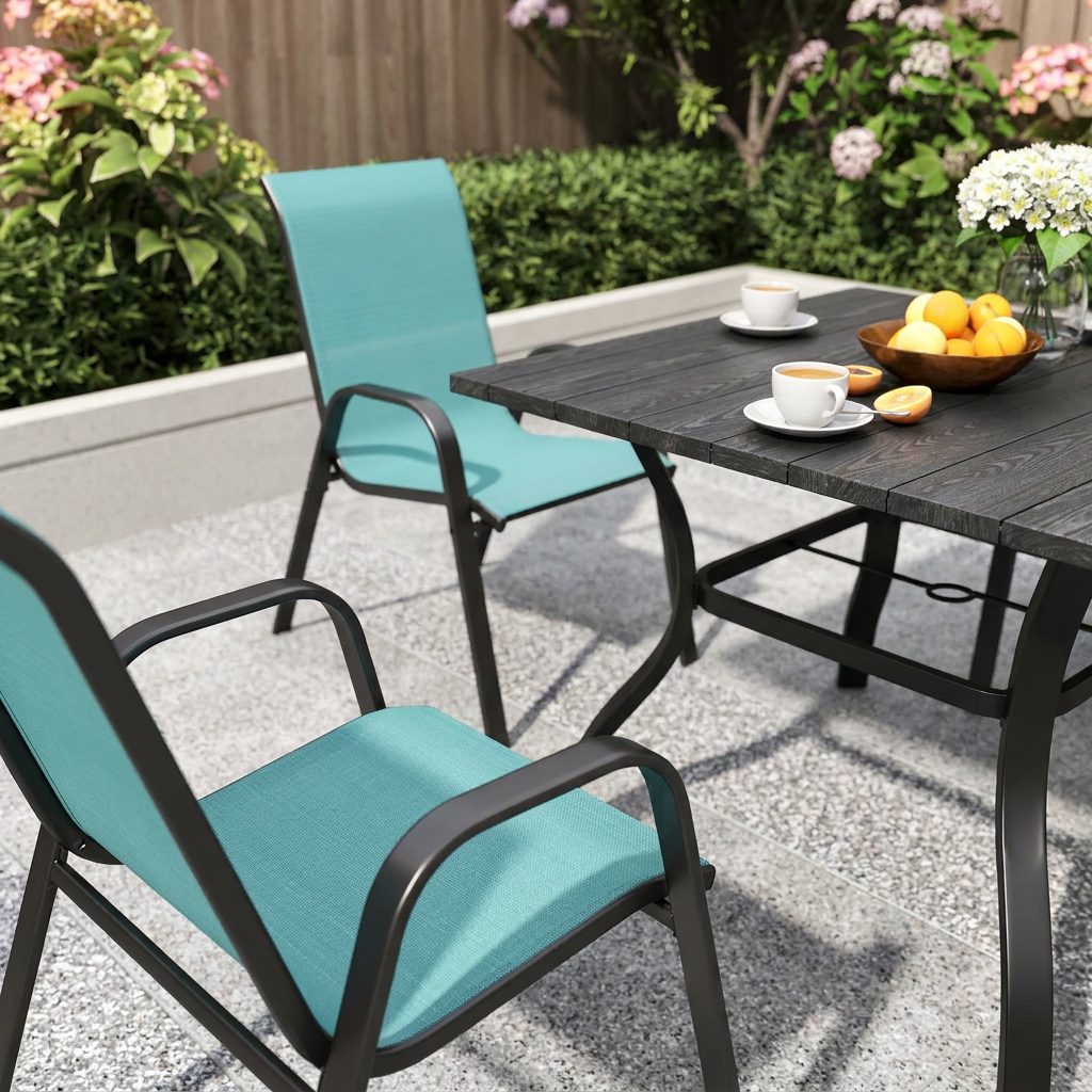Sky blue patio dining set, closer angle on patio (room)