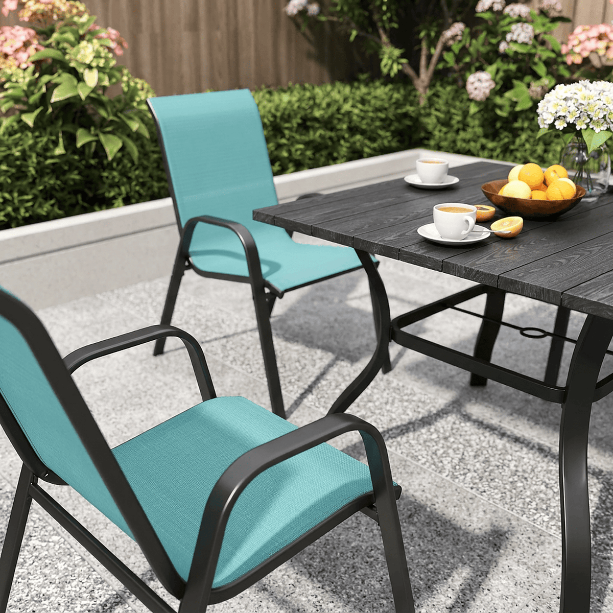 Sky blue patio dining set, closer angle on patio (room)