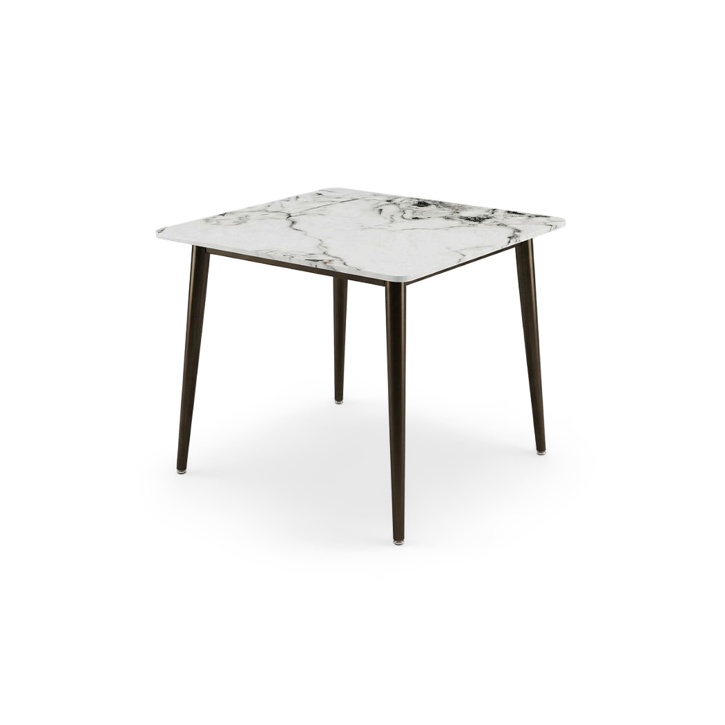 Square sintered stone dining table with dark bronze metal legs, rotated view on transparent background