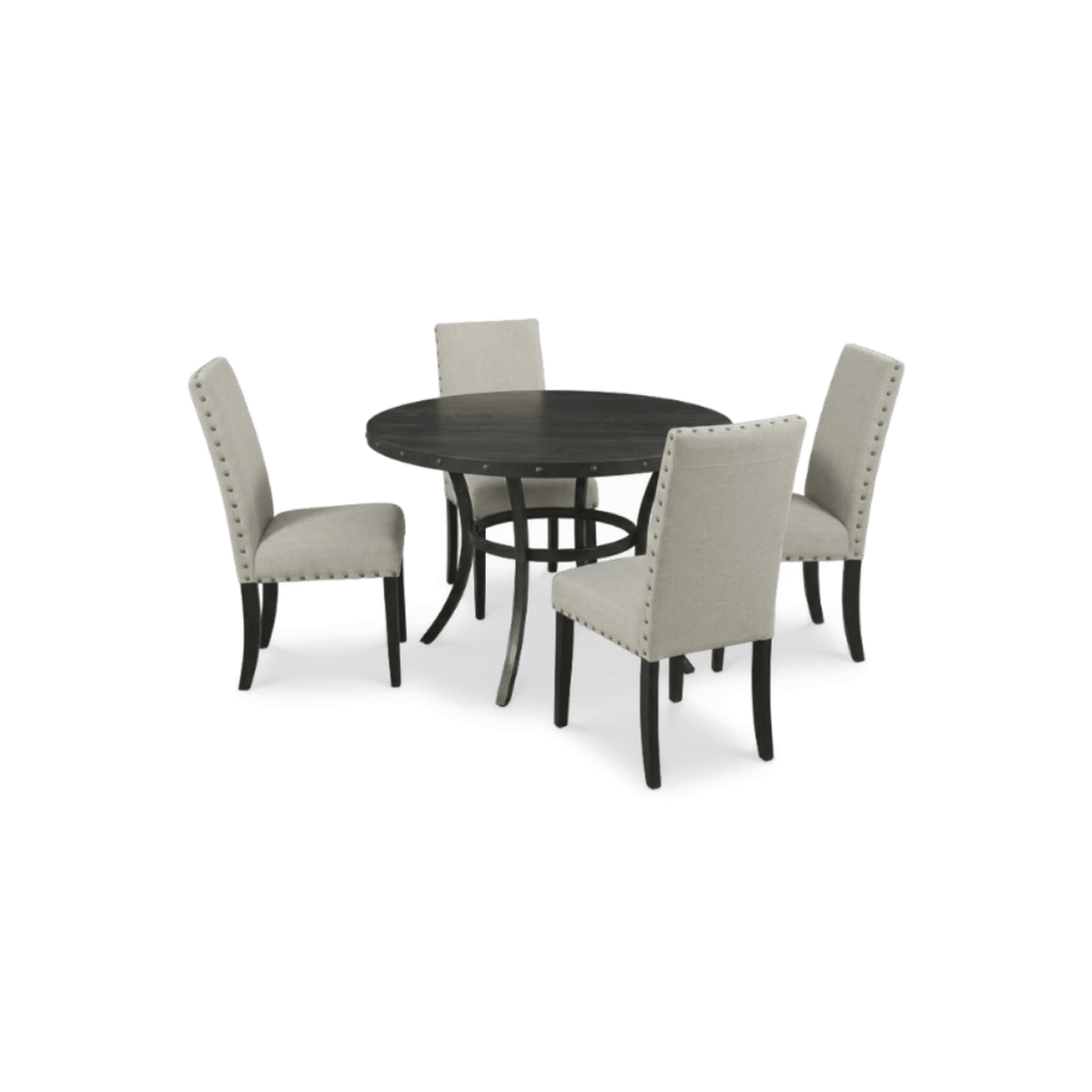Round dining set for 4 with a 48 inch wood-look table and four tan nailhead chairs, three-quarter view