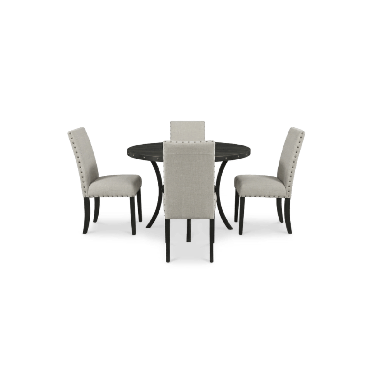 5 piece round dining set with tan nailhead chairs, seen from the front