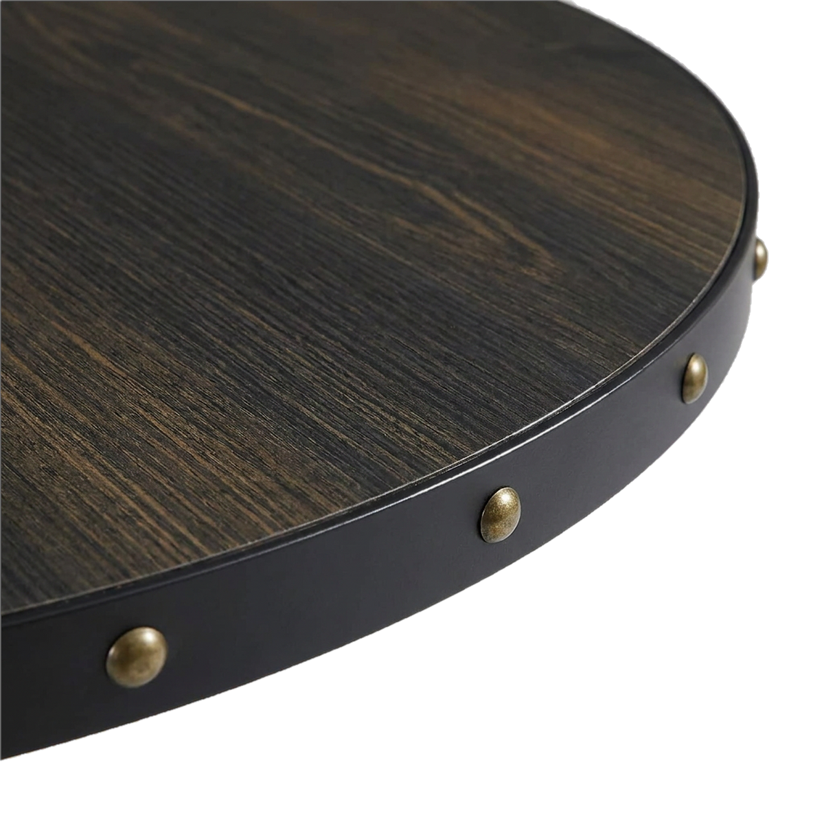 Close-up of the coffee bean wood-look table edge with its black band and a row of brass nailheads