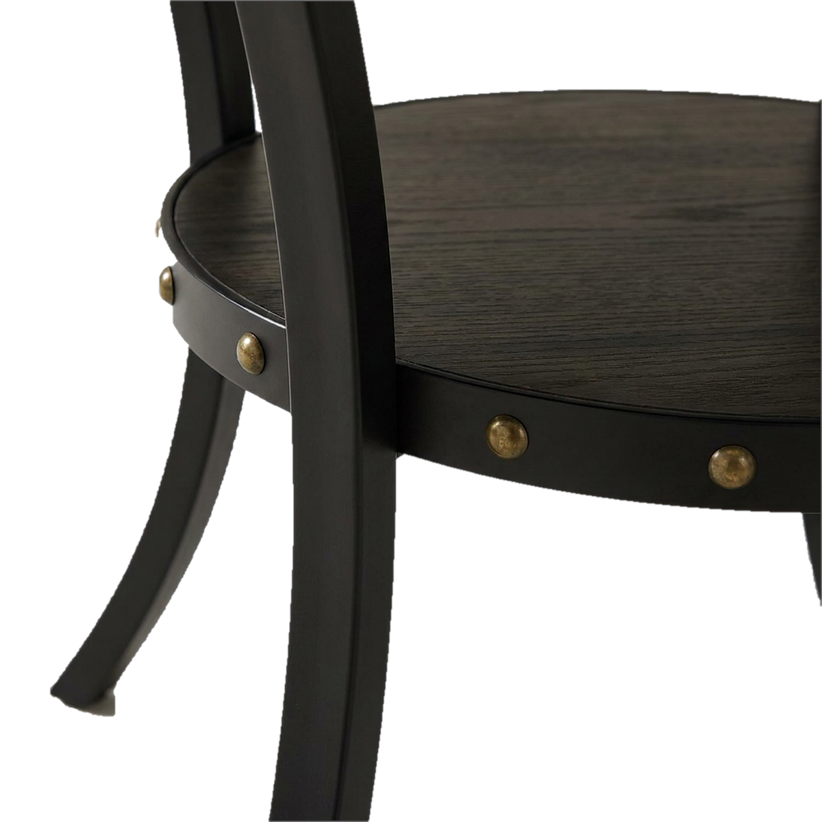 Close-up of a curved black metal table leg passing the round lower shelf with its nailhead band