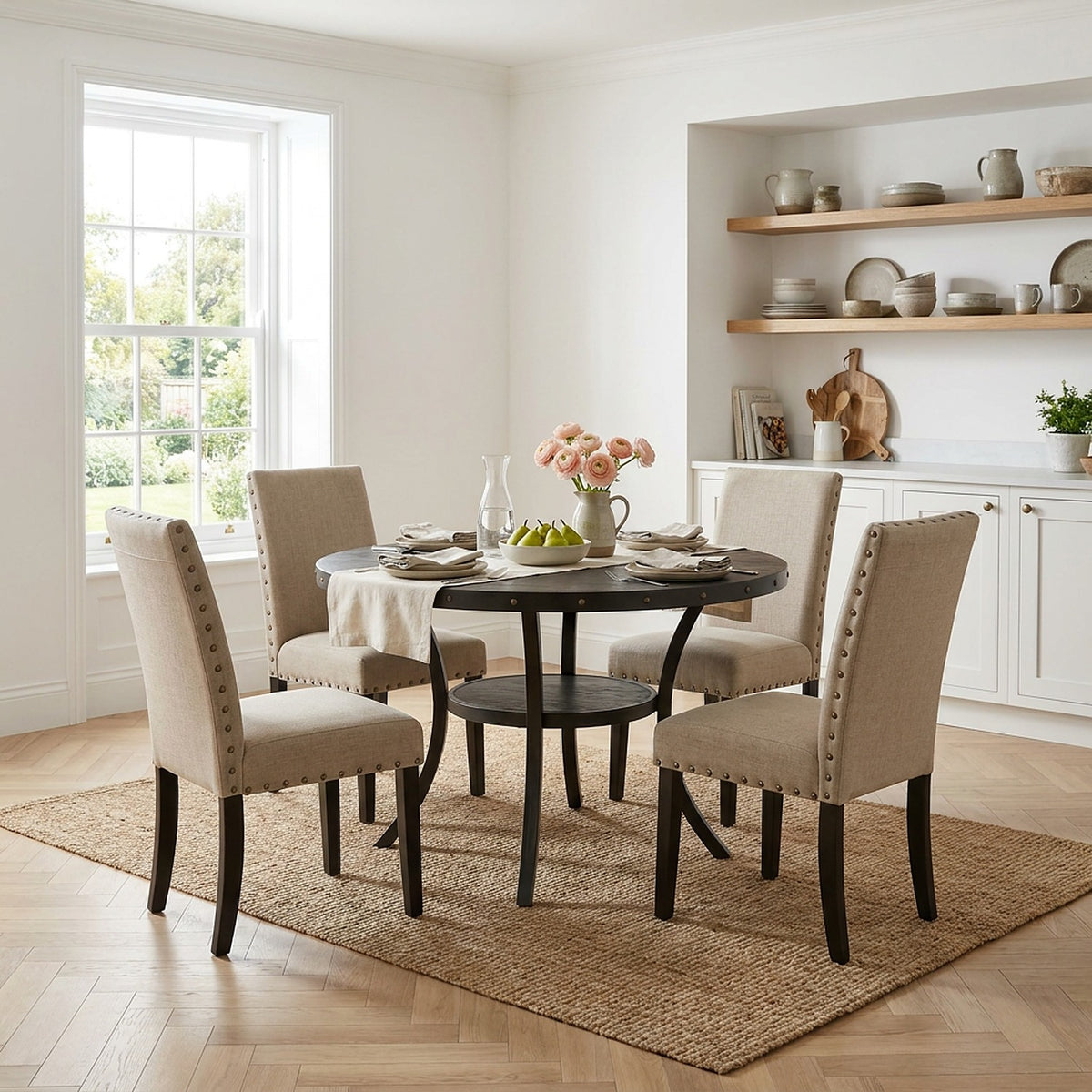 Round table with four tan nailhead chairs in a bright kitchen-diner in morning light, pears and stoneware on the table