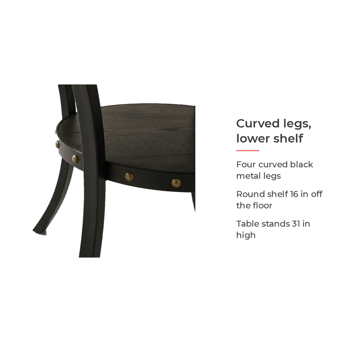 Spec card on the curved black metal legs and round lower shelf (feature callout)