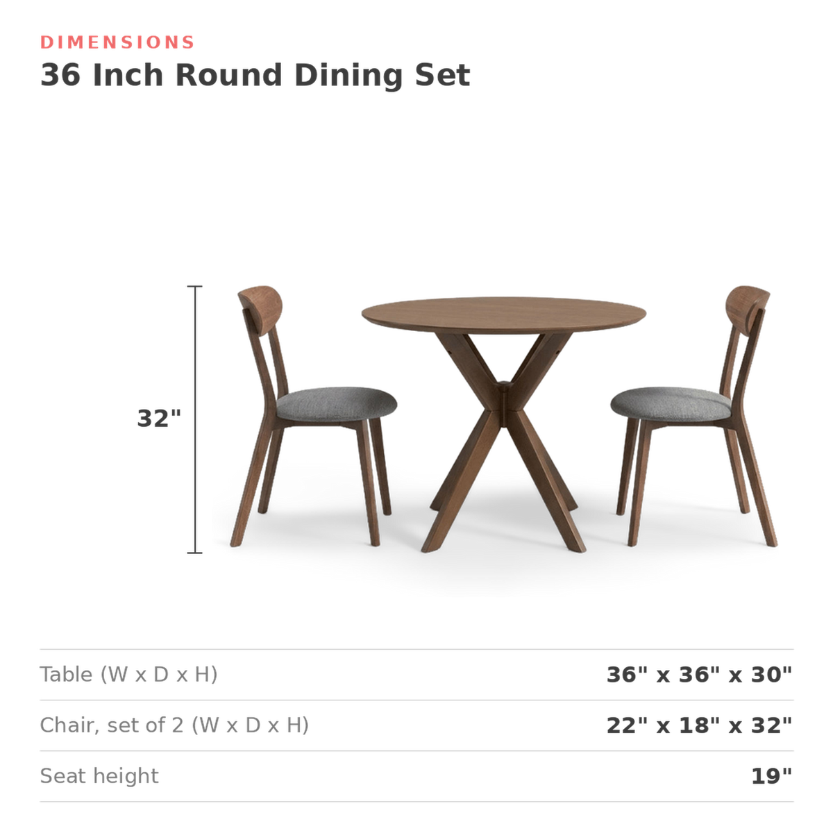Dimensions of the round dining table set: table 36 x 36 x 30 in, each chair 22 x 18 x 32 in, seat height 19 in