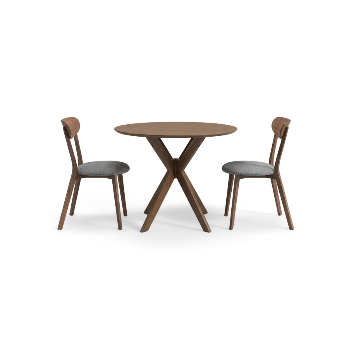 Round dining table set in walnut with two grey cushioned chairs, front view
