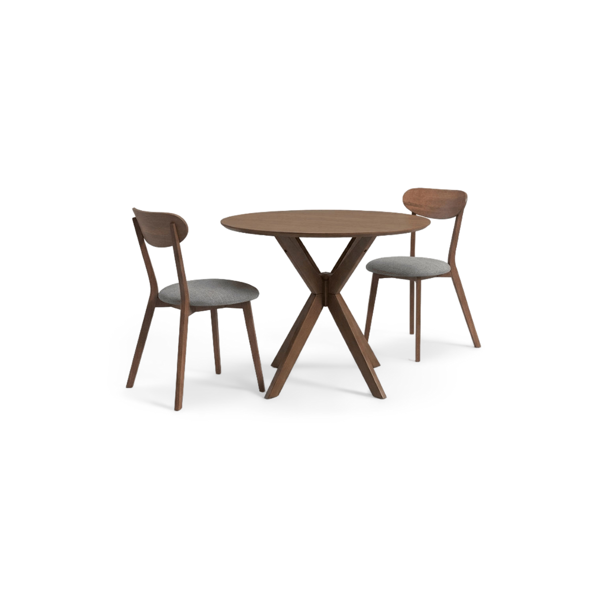 Walnut dining table and chairs with cross-shaped legs, turned three-quarter view