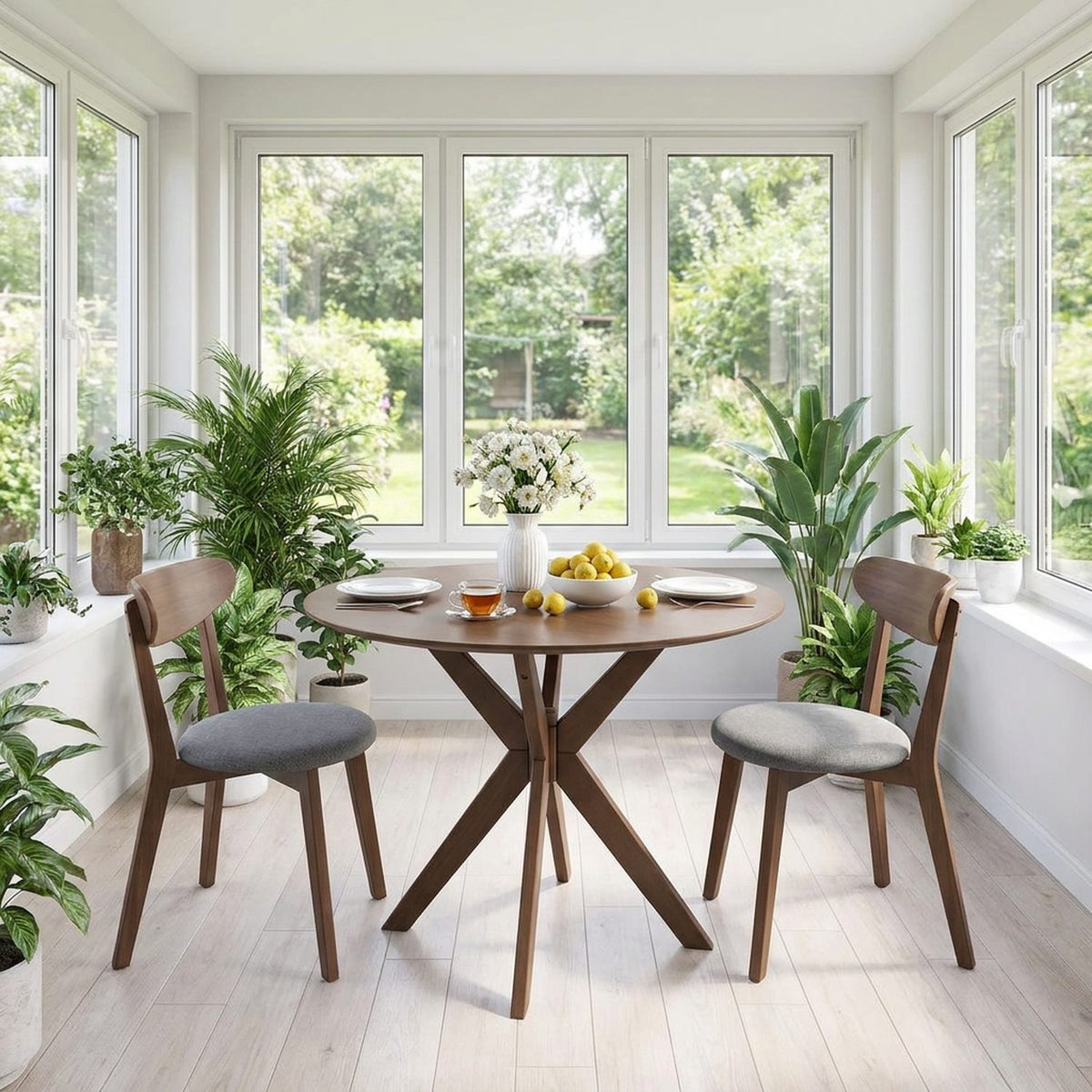 Round walnut table and two chairs in a bright sunroom with plants, tea and lemons