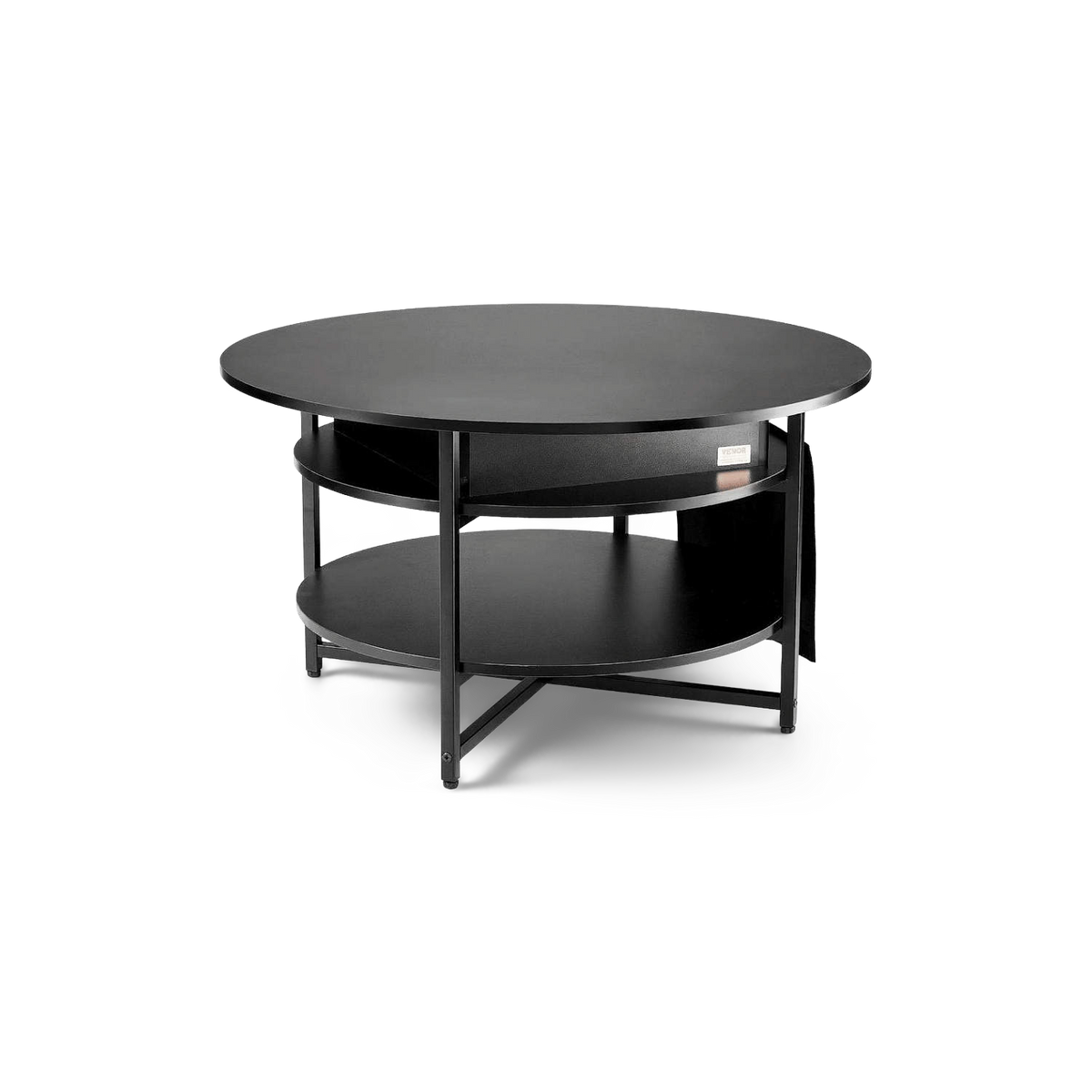 Round black lift-top coffee table with a lower shelf and a side pocket, turned three-quarter view (plain studio)