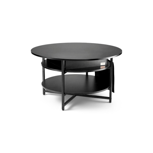 Round black lift-top coffee table with a lower shelf and a side pocket, turned three-quarter view (plain studio)