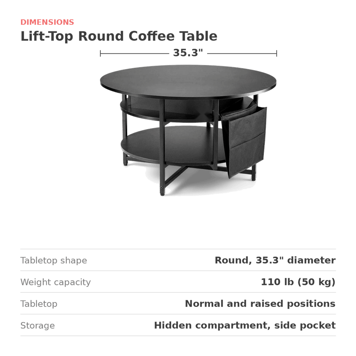 Round lift-top coffee table, 35.3 inch diameter, 110 lb capacity (dimensions)