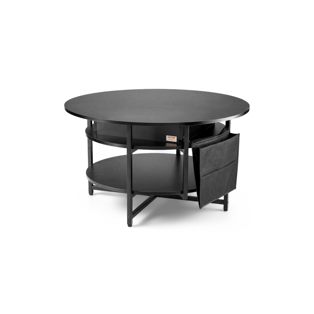 Round black lift-top coffee table with a lower shelf and a side pocket, front view (plain studio)