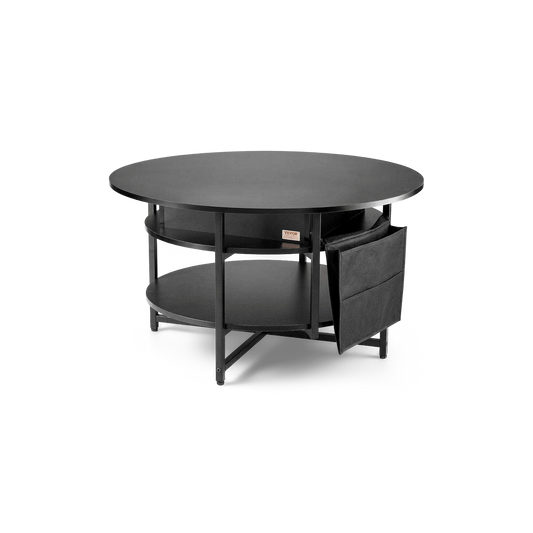 Round black lift-top coffee table with a lower shelf and a side pocket, front view (plain studio)